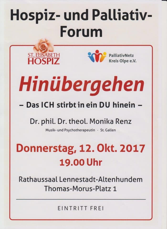 Hinübergehen - Das Plakat zum Hospiz- und Palliativforum mit Dr. phil. Dr. theol. Monika Renz, Universität St. Gallen